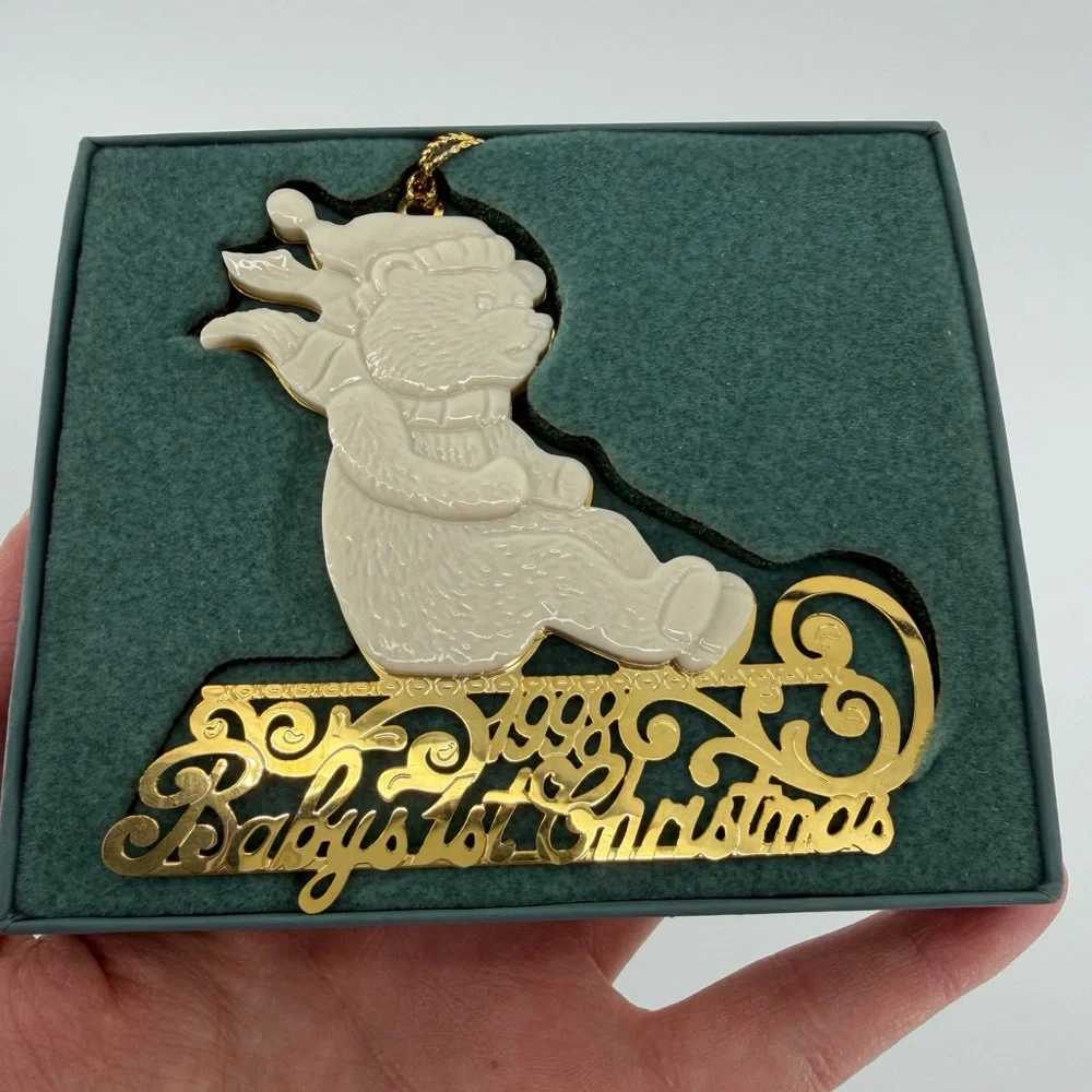 Lenox Ivory Teddy Bear on Gold Sled Baby's First Christmas 1998 Ornament in Box